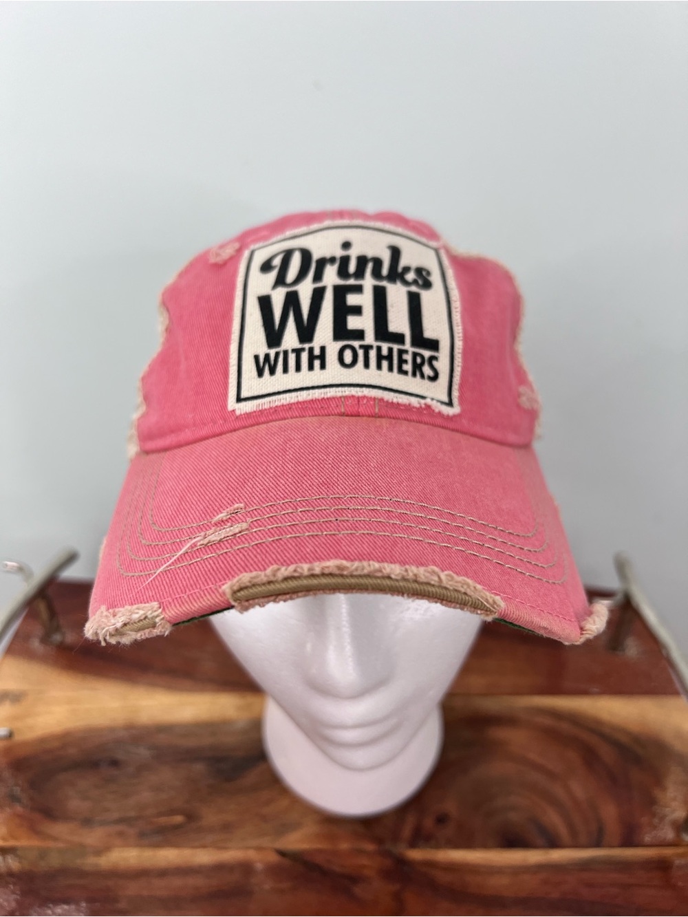 Headmost Drinks Well With Others Pink Distressed Baseball Cap Hat Fun SnapBack